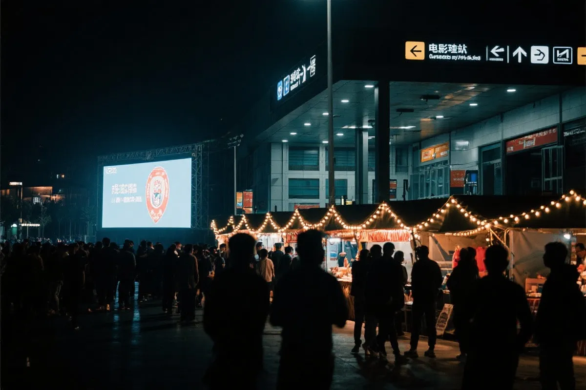 费城球迷广场夜景：大屏观赛人群、步行指示牌与公共交通入口